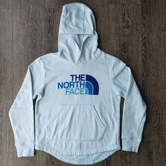 The North Face Girls Pullover Hoodie Ice Blue Big Spell Out Logo Size S 7/8 - Picture 2 of 15